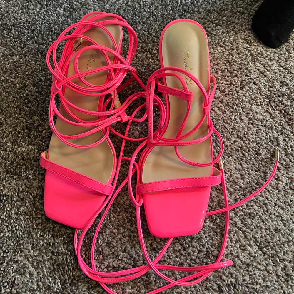 Hot Pink Lace-Up Block Heel Sandals – Square Toe – Size 6